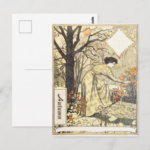 Vintage Art Nouveau November Autumn Garden Woman Postcard
