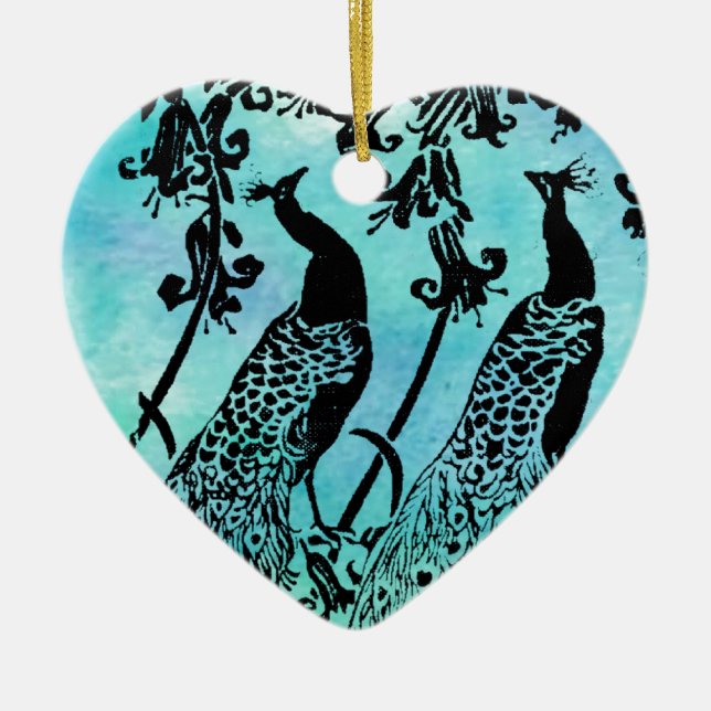 Vintage Art Nouveau Peacock Illustration | Antique Ceramic Tree Decoration (Front)