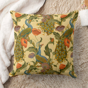 Vintage Art Nouveau Peacock Poppy Floral Pattern Cushion