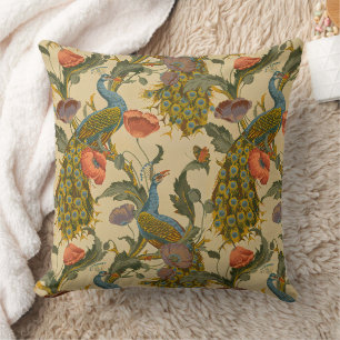 Vintage Art Nouveau Peacock Poppy Floral Pattern Cushion