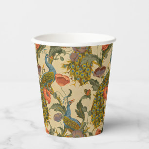 Vintage Art Nouveau Peacock Poppy Floral Pattern Paper Cups