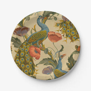 Vintage Art Nouveau Peacock Poppy Floral Pattern Paper Plate