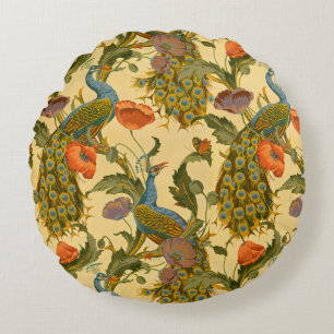 Vintage Art Nouveau Peacock Poppy Floral Pattern Round Cushion