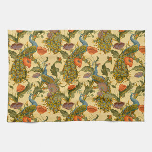 Vintage Art Nouveau Peacock Poppy Floral Pattern Tea Towel