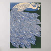 Vintage Art Nouveau Peacock Print, Retro Blue