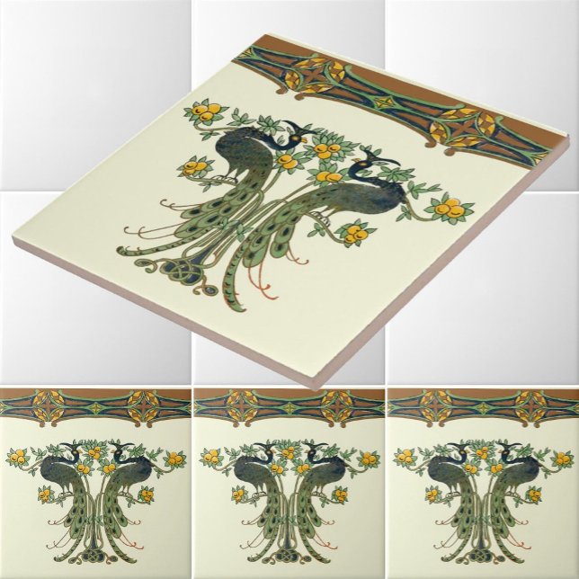 Vintage Art Nouveau Peacocks & Fruit Trees Frieze Tile (Creator Uploaded)