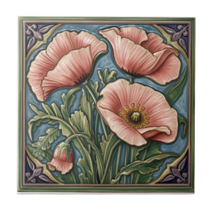 Vintage Art Nouveau pink Poppies Floral Tile