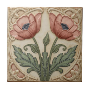 Vintage Art Nouveau pink Poppies Floral Tile