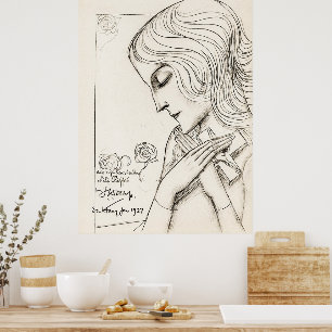 Vintage Art Nouveau Pretty Young Girl Drawing Poster
