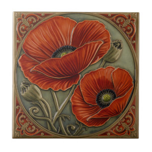 Vintage Art Nouveau Red Poppies  Floral  Tile