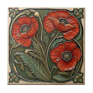 Vintage Art Nouveau Red Poppies Floral Tile