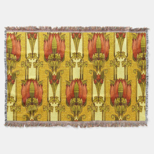 Vintage Art Nouveau Red Tulip Floral Pattern Throw Blanket