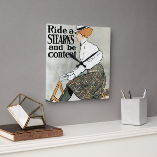 Vintage Art Nouveau, Ride a Sterns Bicycles Bikes Square Wall Clock
