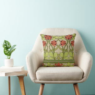 Vintage Art Nouveau Sage Green Floral Pattern Cushion