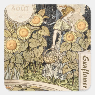 Vintage Art Nouveau Sunflower Garden Grasset Woman Square Sticker