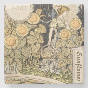 Vintage Art Nouveau Sunflower Garden Grasset Woman Stone Coaster
