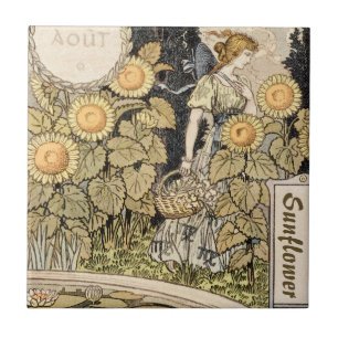 Vintage Art Nouveau Sunflower Garden Grasset Woman Tile