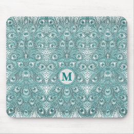 Vintage Art Nouveau Teal Peacock Feathers Monogram Mouse Pad