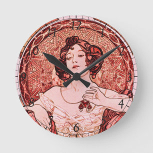 Vintage Art Nouveau The Ruby by Alphonse Mucha Round Clock