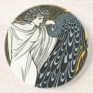 Vintage Art Nouveau This Kiss, Woman with Peacock Coaster