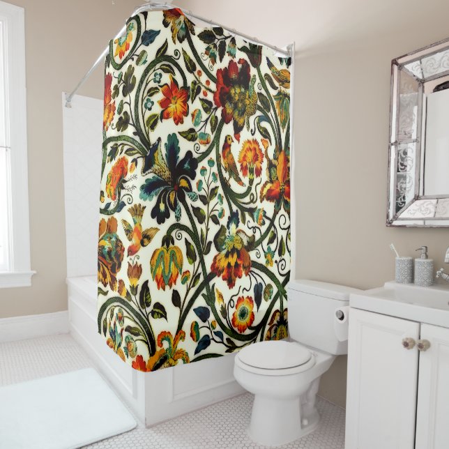 Vintage Art Nouveau Thistles Cicadas Pattern Shower Curtain (In Situ)
