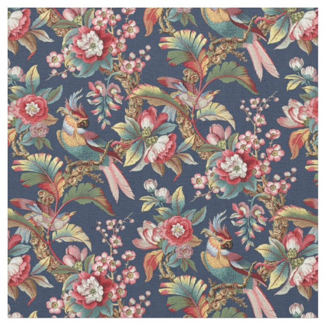Vintage Art Nouveau Tropical Parrots Pattern Fabric (Close Up)