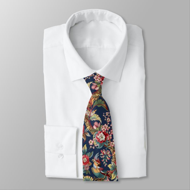 Vintage Art Nouveau Tropical Parrots Pattern Tie (Tied)