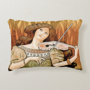 Vintage Art Nouveau Violin Poster Elegant Music Decorative Cushion