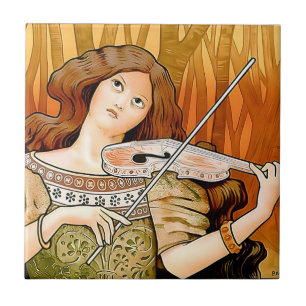 Vintage Art Nouveau Violin Poster   Elegant Music  Tile