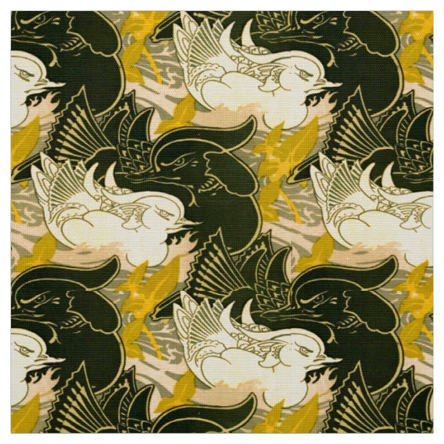 Vintage Art Nouveau Water Birds Pattern Fabric (Swatch)