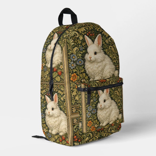 Vintage art nouveau white rabbit  printed backpack (Back Corner Left)