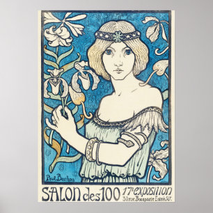 Vintage Art Nouveau Woman Blue Floral Poster Print