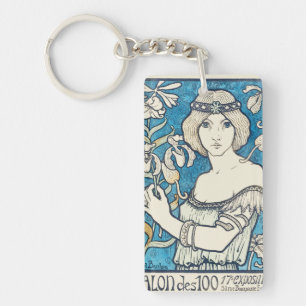 Vintage Art Nouveau Woman Blue Floral Poster Print Key Ring