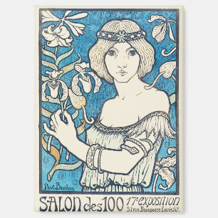 Vintage Art Nouveau Woman Blue Floral Poster Print Magnet
