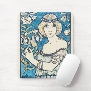 Vintage Art Nouveau Woman Blue Floral Poster Print Mouse Pad