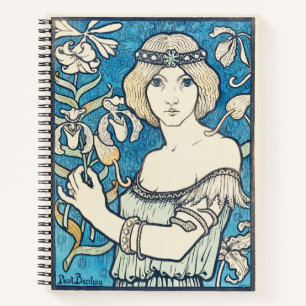 Vintage Art Nouveau Woman Blue Floral Poster Print Notebook