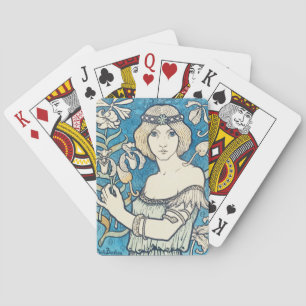 Vintage Art Nouveau Woman Blue Floral Poster Print Playing Cards