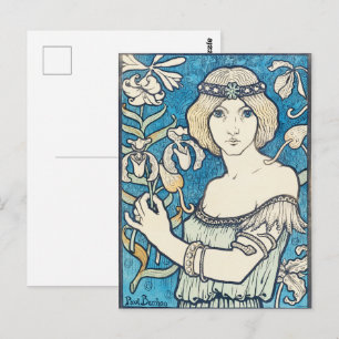 Vintage Art Nouveau Woman Blue Floral Poster Print Postcard