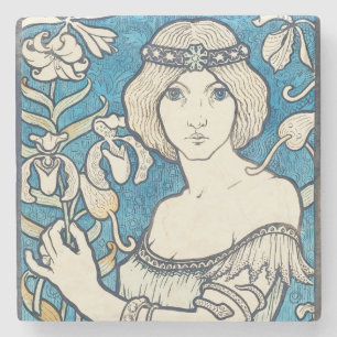 Vintage Art Nouveau Woman Blue Floral Poster Print Stone Coaster