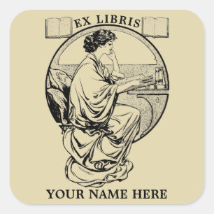 Vintage Art Nouveau Woman Books Ex Libris Template Square Sticker