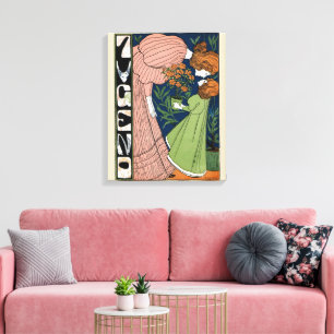 Vintage Art Nouveau Woman & Girl Green Dress Canvas Print
