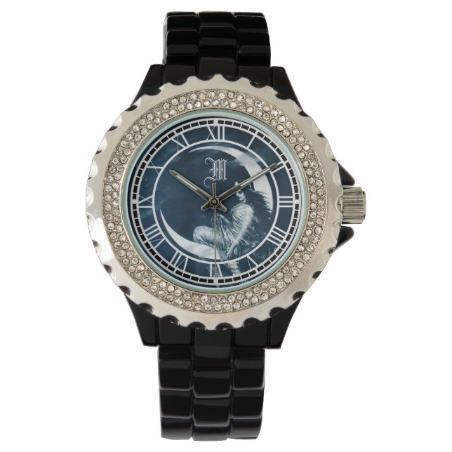 Vintage Art Nouveau Woman on Crescent Moon Watch (Front)