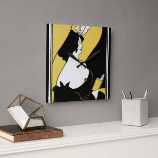 Vintage Art Nouveau, Woman Reading a Yellow Book Square Wall Clock