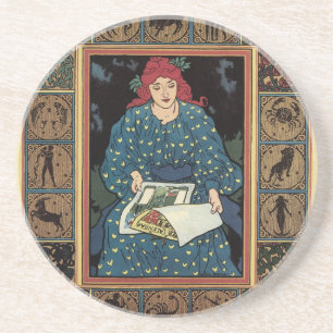 Vintage Art Nouveau, Woman Reading Astrology Book Coaster