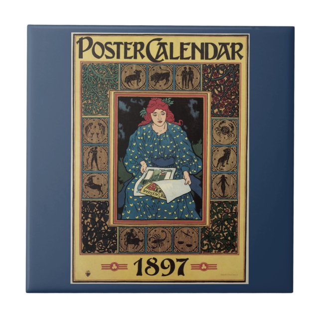 Vintage Art Nouveau, Woman Reading Astrology Book Tile (Front)