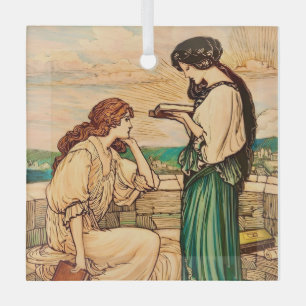 Vintage Art Nouveau Women Reading by the Sea  Glass Tree Decoration