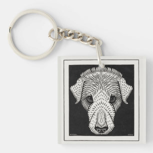 Vintage Art Nouveau Woodcut Dog Portrait Print Key Ring