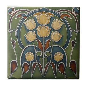 Vintage Art Nouveau yellow Tulips Floral Tile