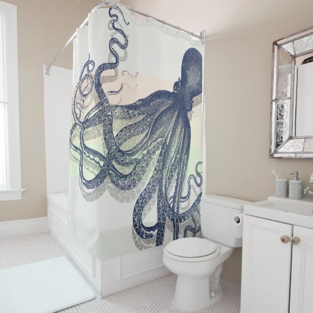 VINTAGE ART OCTOPUS PRINT - DELFT BLUE SHOWER CURTAIN (In Situ)