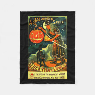 Vintage Art Retro Halloween Witch Fleece Blanket